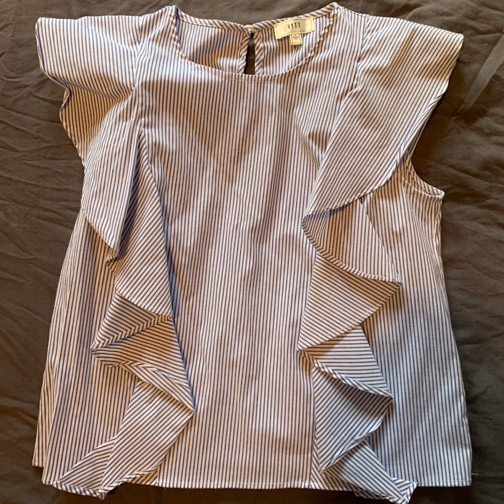 NYTT ruffled top, blue and white striped